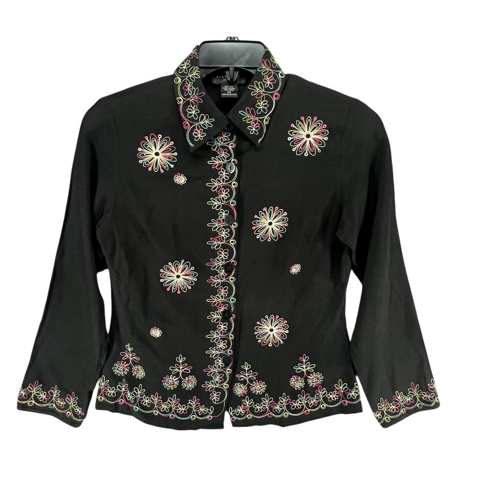 Silkland Y2K Shirt Women S Petite Black Silk Embroider Floral Button Up Boho Art